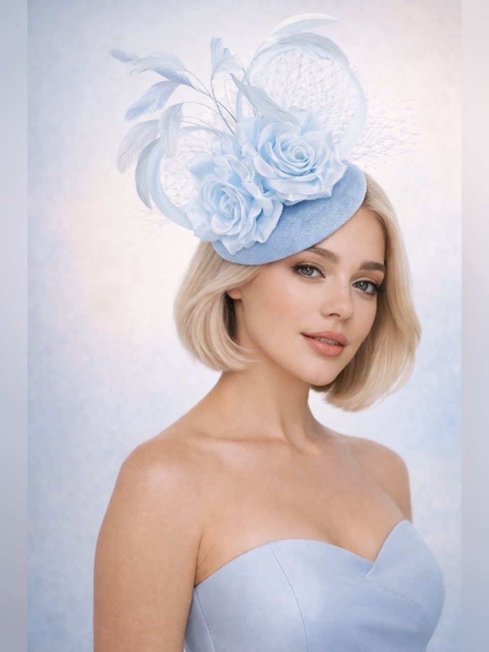 Kentucky Derby Spring Elegant Light Blue Floral Fascinator Hat Church Tea Ascot
